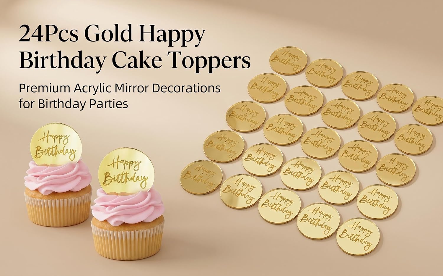 24 Pcs Gold Mirror Acrylic Happy Birthday Cake Toppers