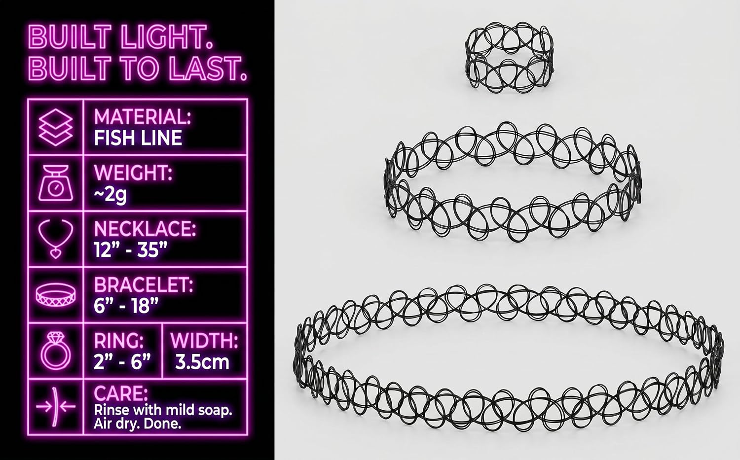 3 pcs Tattoo Choker Necklace Bracelet Ring Set