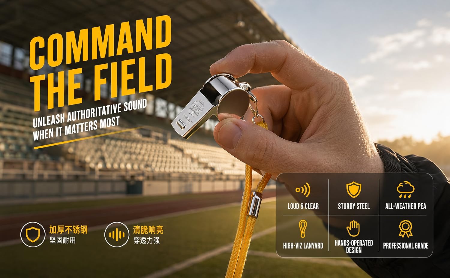 Professional stainless steel referee whistle hero shot captured at an outdoor sports stadium