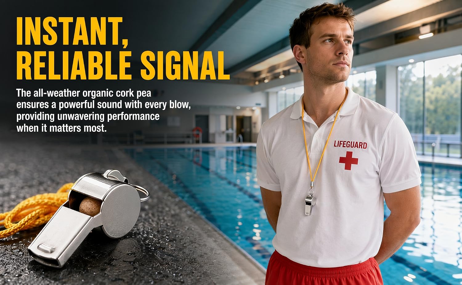 Lifeguard scenario banner shot beside an indoor swimming pool, headline "Instant, Reliable Signal