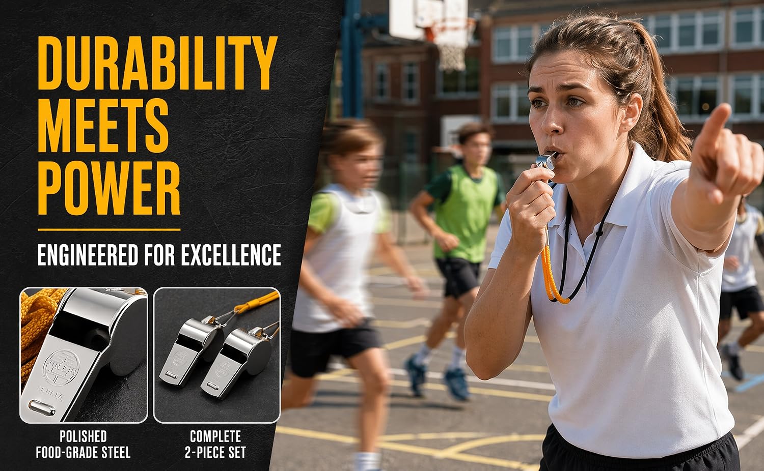 Outdoor school basketball court lifestyle graphic themed "Durability Meets Power"