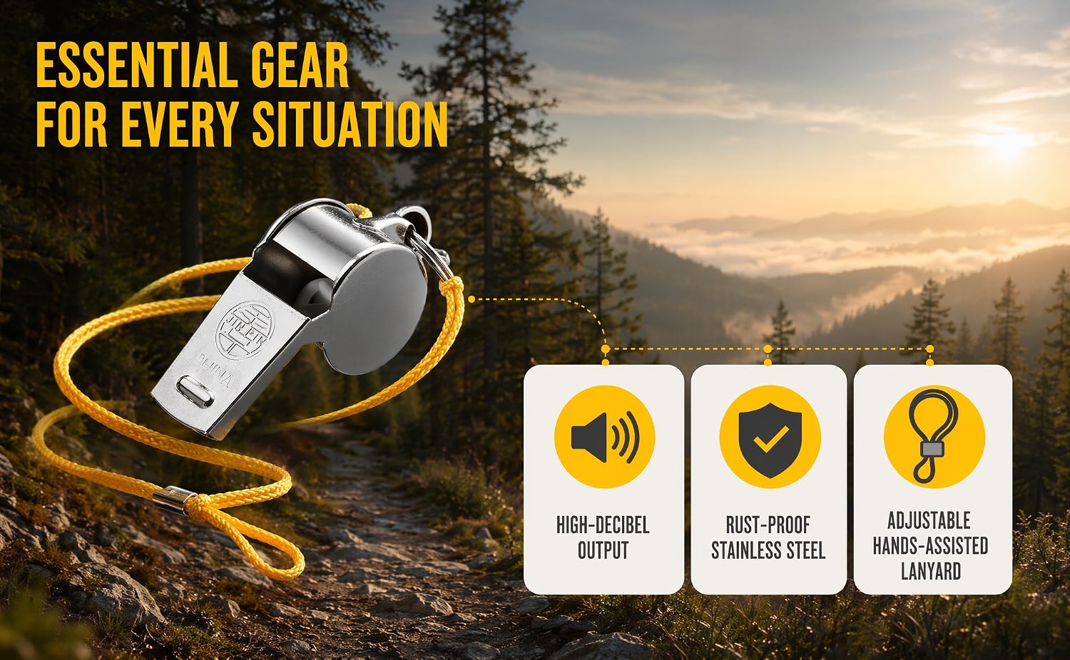 Mountain wilderness hero display graphic titled "Essential Gear For Every Situation"