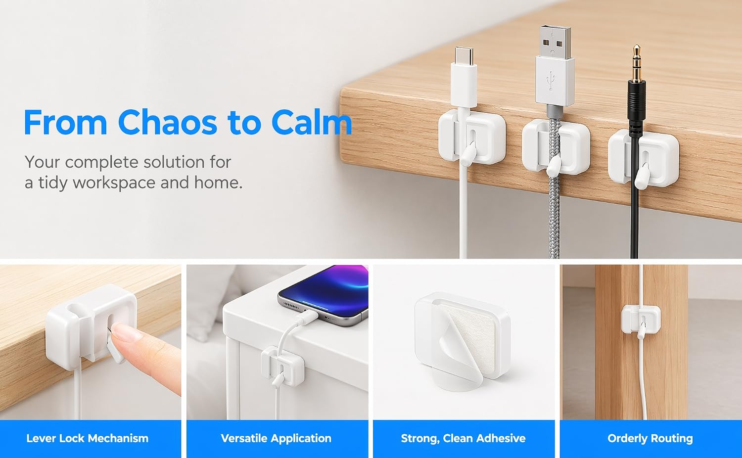 From Chaos to Calm", fully displaying four core strengths of the cable organizer