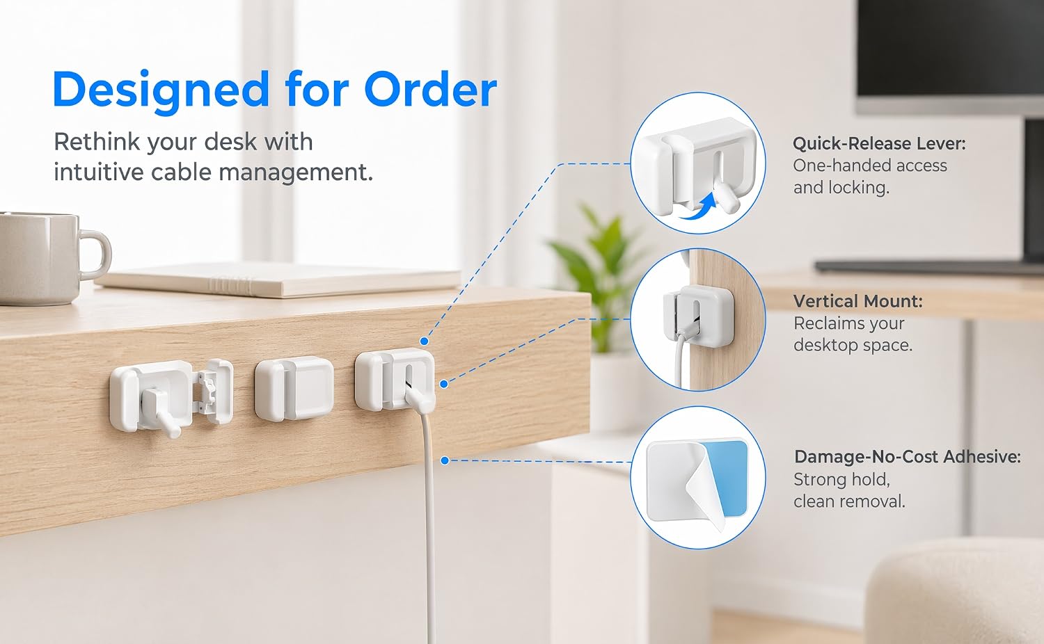 Minimalist desk display banner themed "Designed for Order