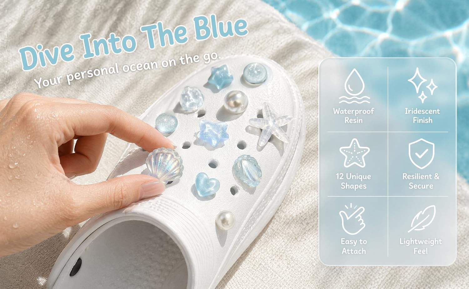 displaying hand installing ocean series croc charms on white clogs beside pool water.