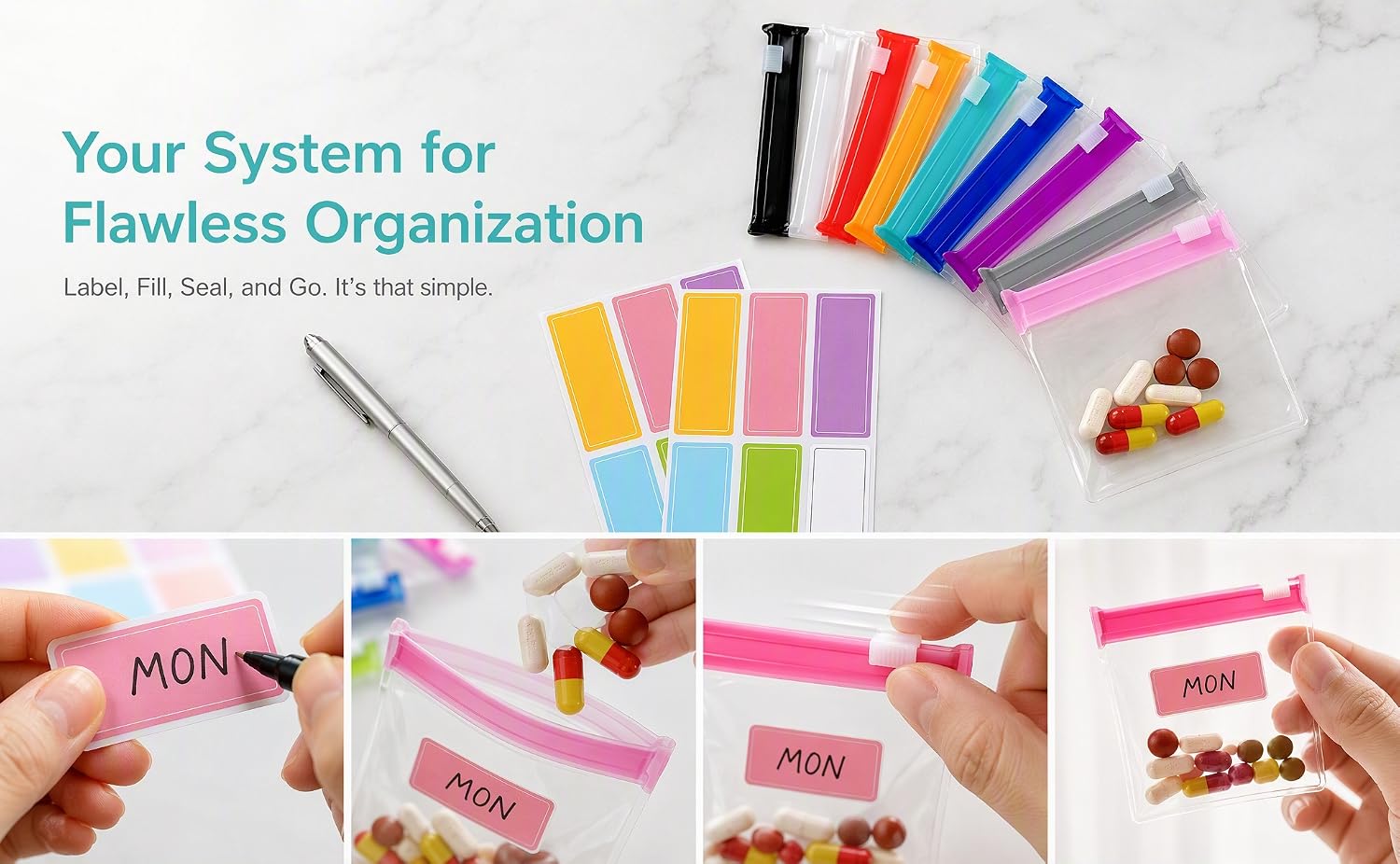 Your System for Flawless Organization – Label, Fill, Seal, and Go. It's That Simple. 