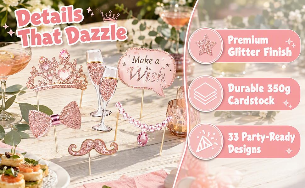 33 Pcs Rose Gold Glitter Birthday Photo Booth Props