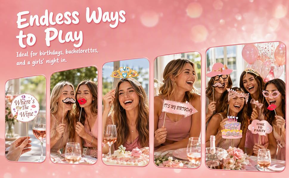 33 Pcs Rose Gold Glitter Birthday Photo Booth Props