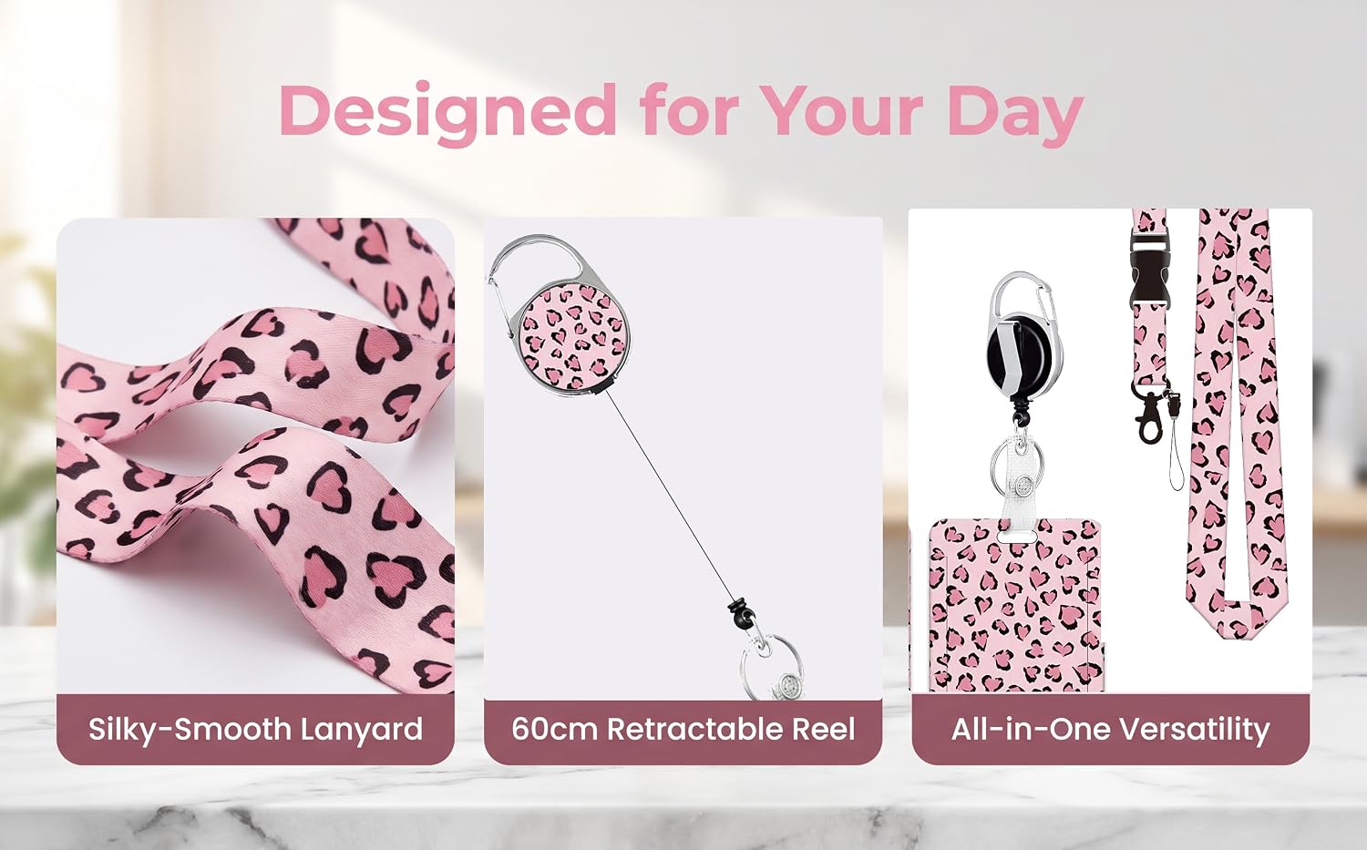 Pink Leopard ID Badge Holder with Lanyard, Retractable Card Holder Set
