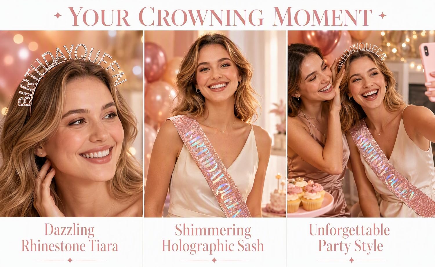 Rose Gold Birthday Queen Sash &amp; Tiara Set for Women