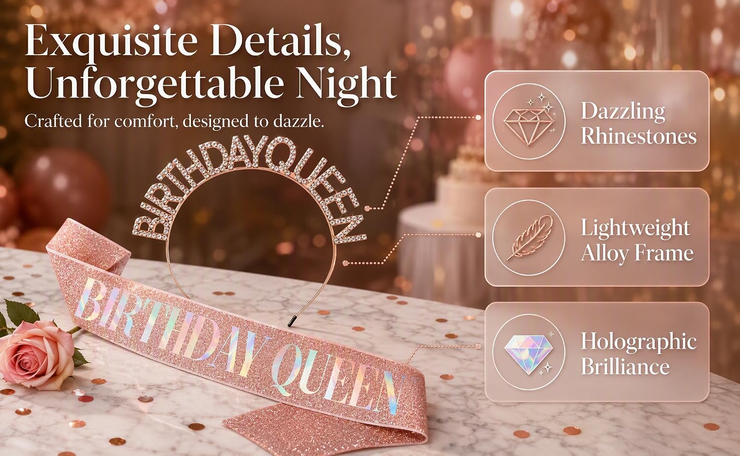 Rose Gold Birthday Queen Sash &amp; Tiara Set for Women