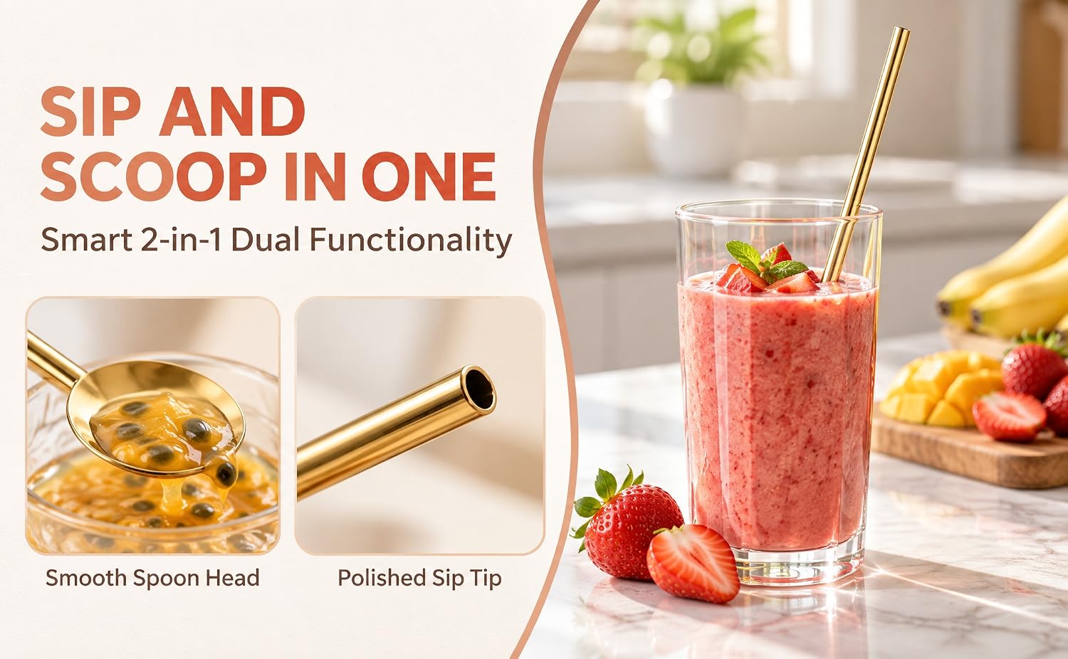 Reusable Stainless Steel Spoon Straws, Set of 5 with Cleaning Brush