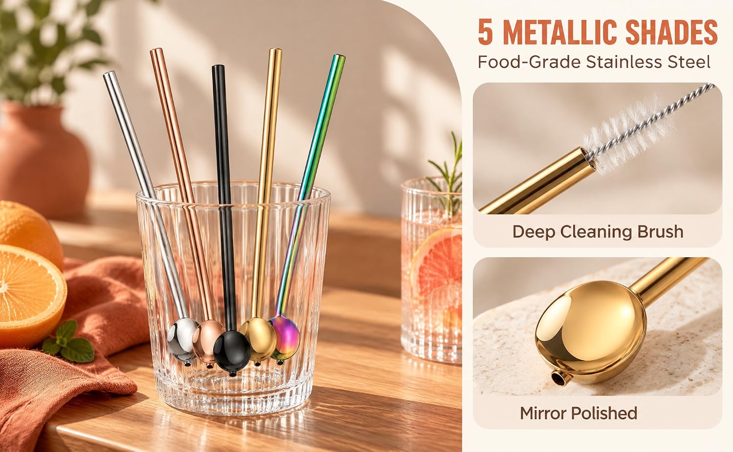 Reusable Stainless Steel Spoon Straws, Set of 5 with Cleaning Brush