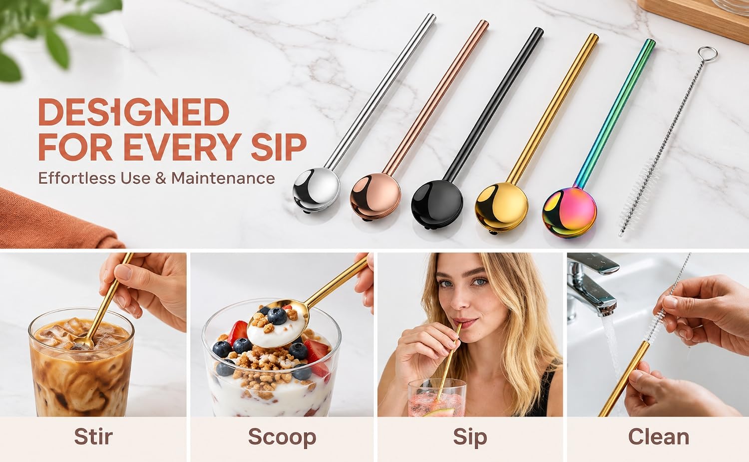 Reusable Stainless Steel Spoon Straws, Set of 5 with Cleaning Brush
