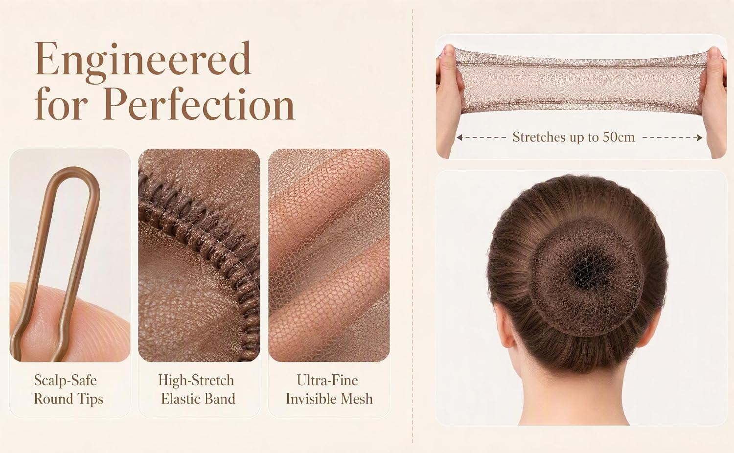 Brown invisible hair net with 20 buns and 50 U-shaped clips
