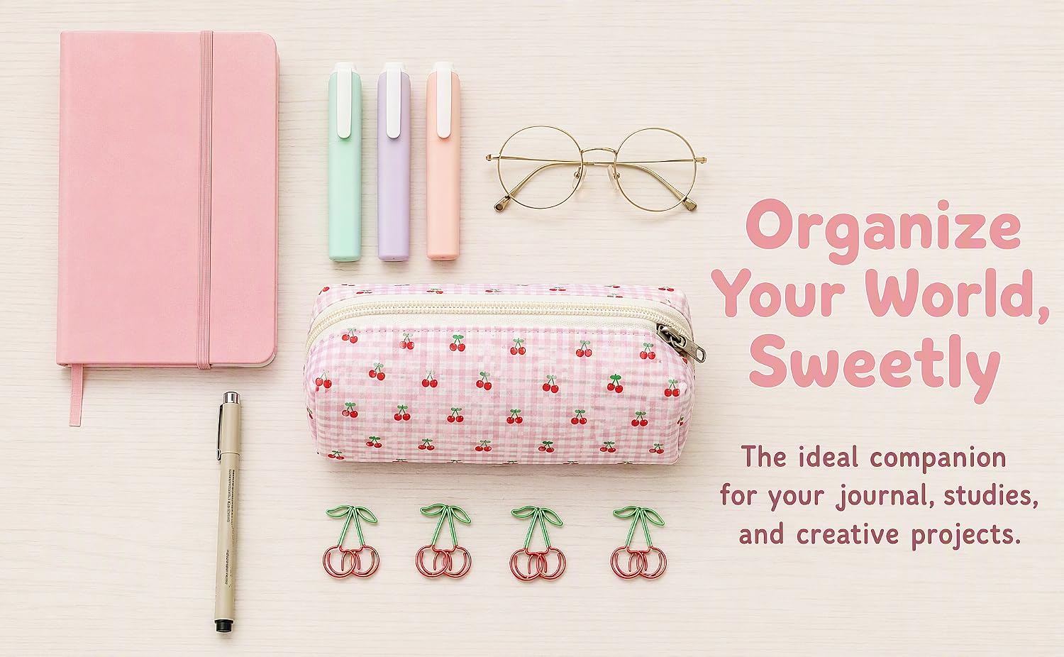 Fabric Checkered Cherry Storage Bag, Makeup Pouch, 1 Piece