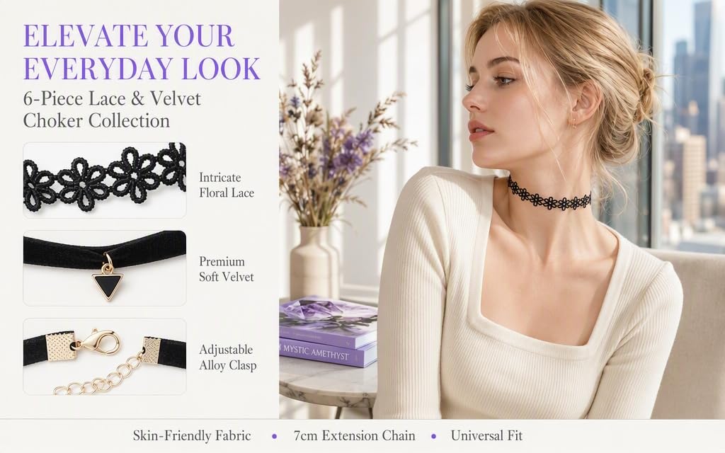 6 pieces of black collar necklaces for women