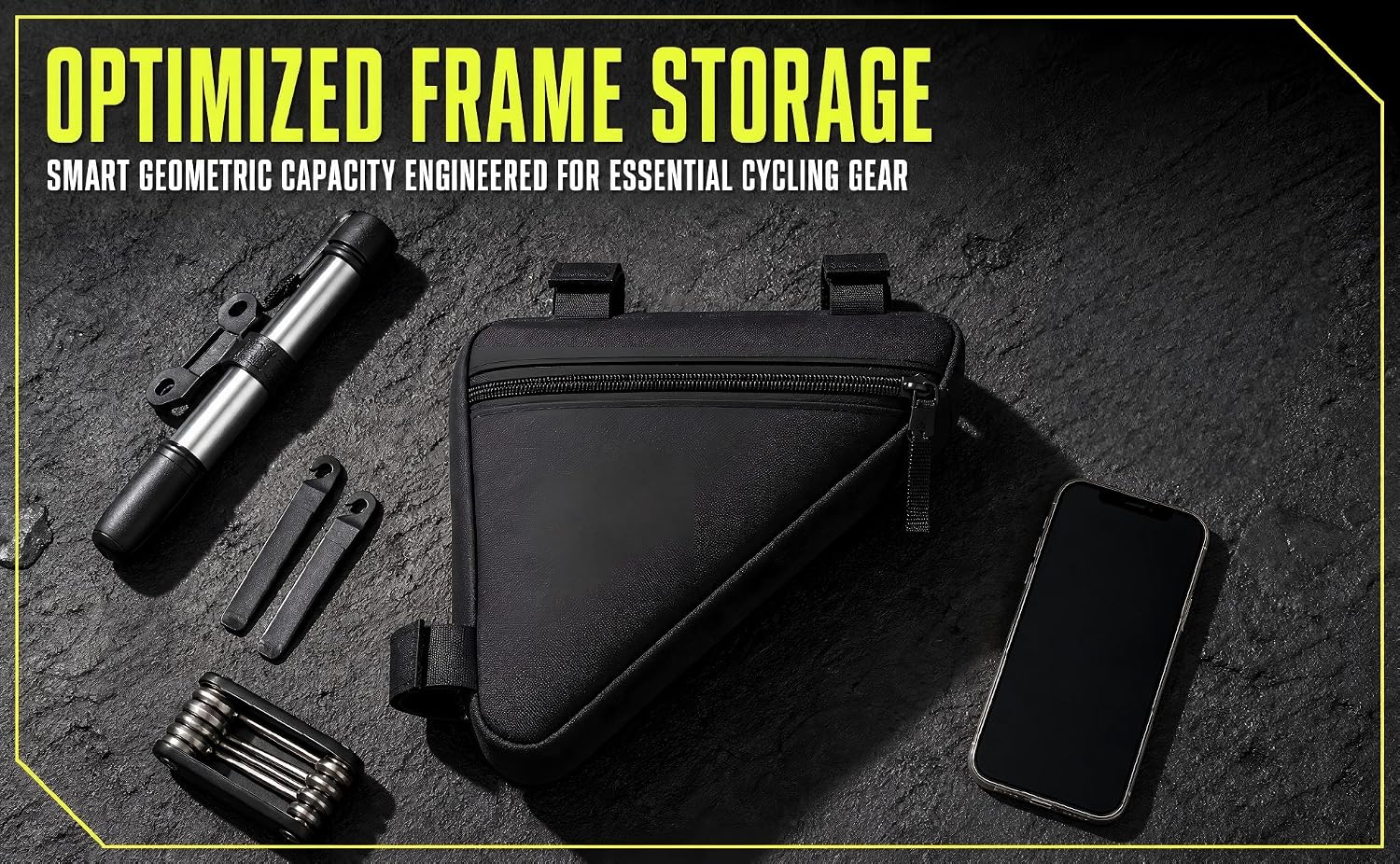 A black bicycle front frame triangular storage bag