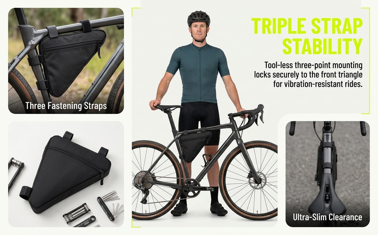A black bicycle front frame triangular storage bag