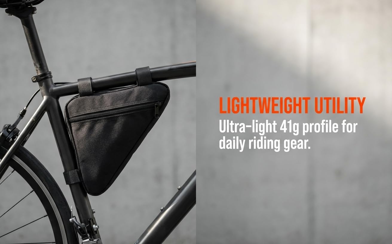 A black bicycle front frame triangular storage bag