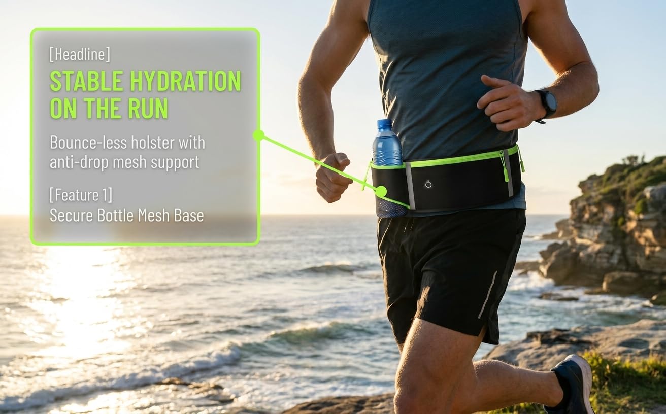 A slim and portable sports water bottle with a phone pocket