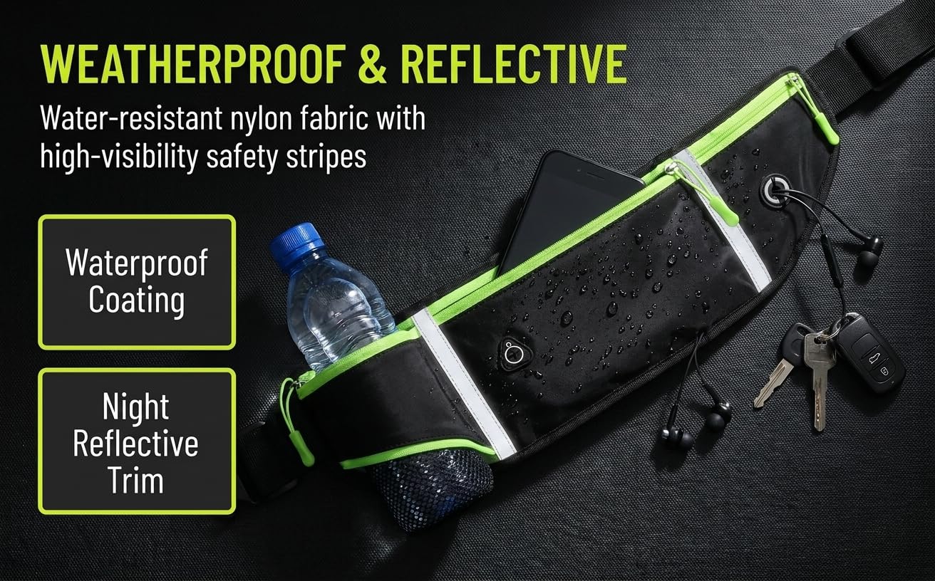 A slim and portable sports water bottle with a phone pocket